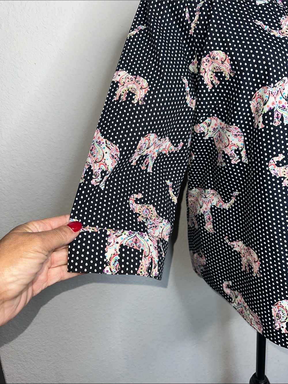 Chico's Black Polka Dot Button-Down with Multicolor Paisley Elephants - Picture 4 of 10